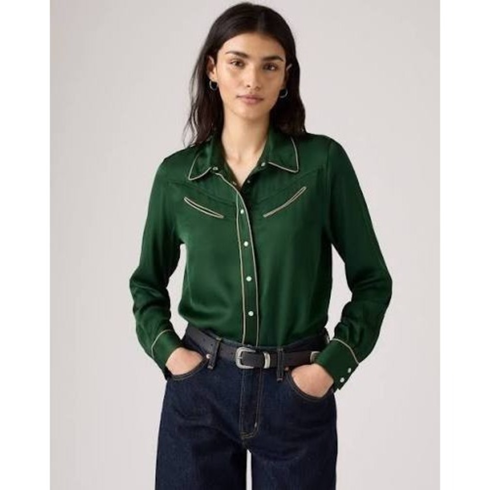 Levis Satin Western Pearl Snap Shirt Bradie Womens XS Green 003P50003